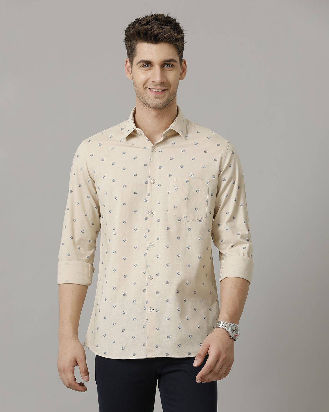 Cavallo By Linen Club Men's Natural Printed Contemporary Fit Full Sleeve Casual Shirt