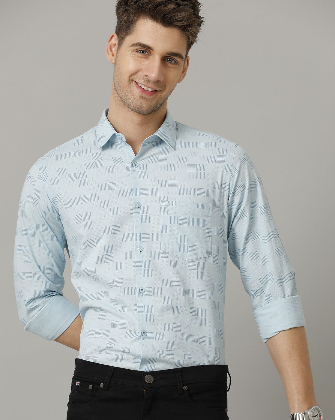 Men's Blended Linen Blue Printed Contemporary Fit Full Sleeve Sleeve Casual Shirt