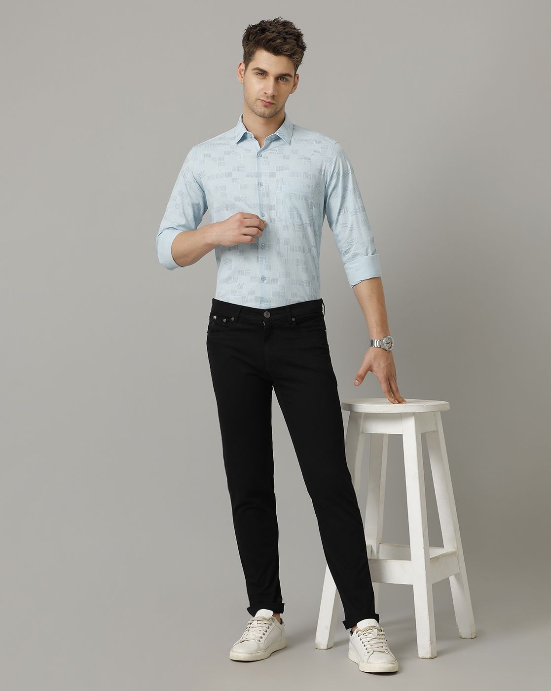 Men's Blended Linen Blue Printed Contemporary Fit Full Sleeve Sleeve Casual Shirt
