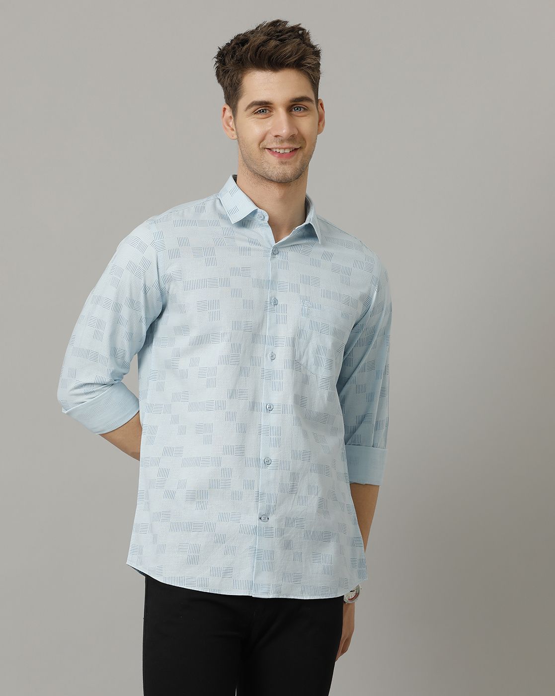 Men's Blended Linen Blue Printed Contemporary Fit Full Sleeve Sleeve Casual Shirt