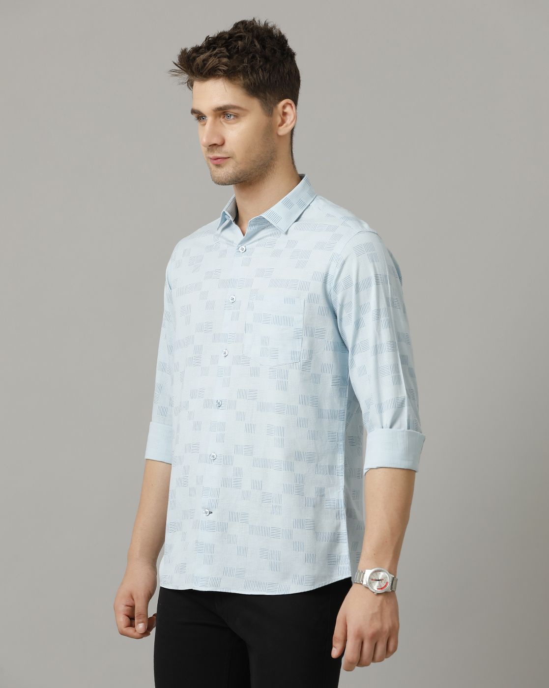 Men's Blended Linen Blue Printed Contemporary Fit Full Sleeve Sleeve Casual Shirt