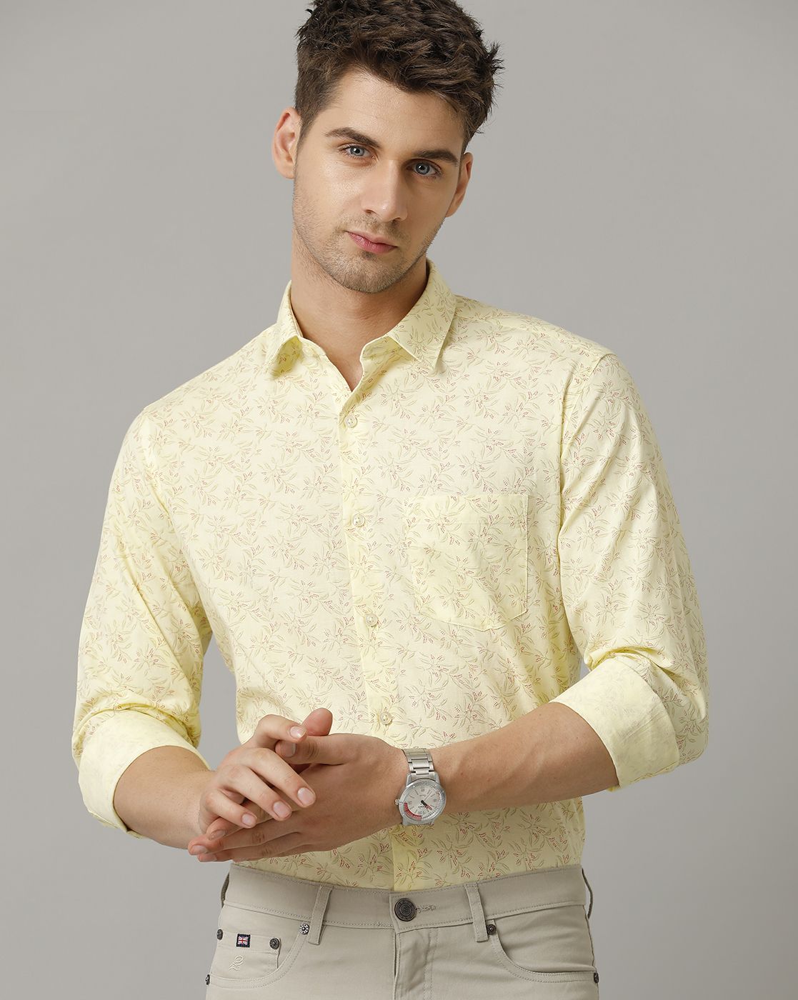 Men's Blended Linen Yellow Printed Contemporary Fit Full Sleeve Sleeve Casual Shirt