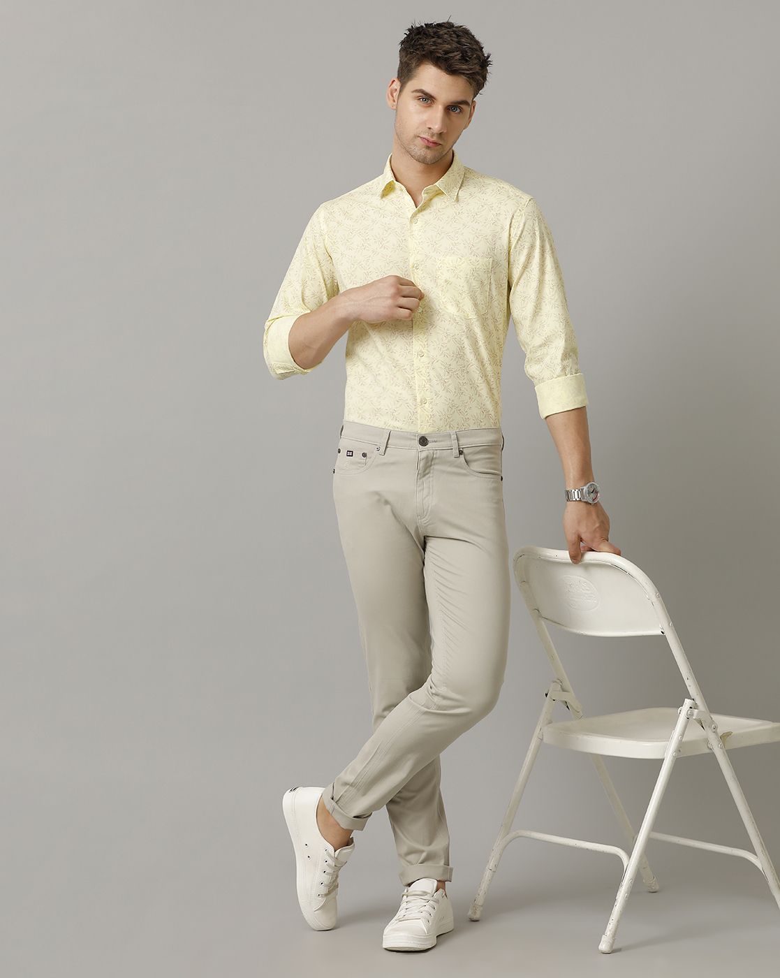Men's Blended Linen Yellow Printed Contemporary Fit Full Sleeve Sleeve Casual Shirt