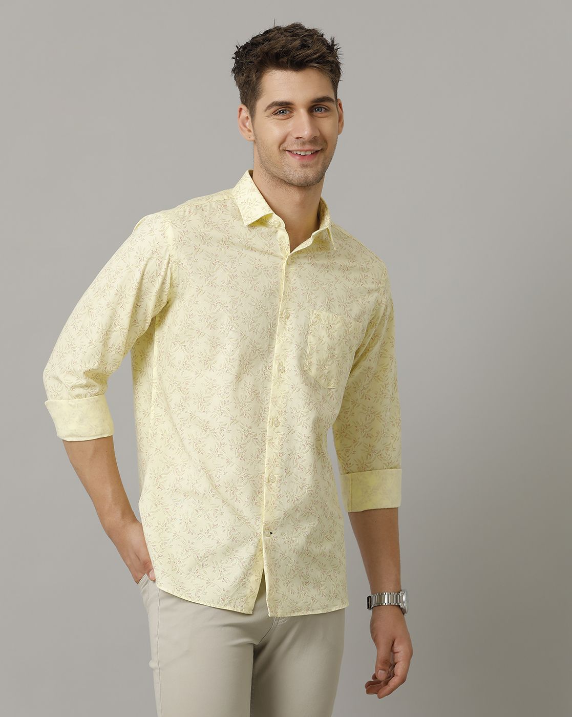 Men's Blended Linen Yellow Printed Contemporary Fit Full Sleeve Sleeve Casual Shirt