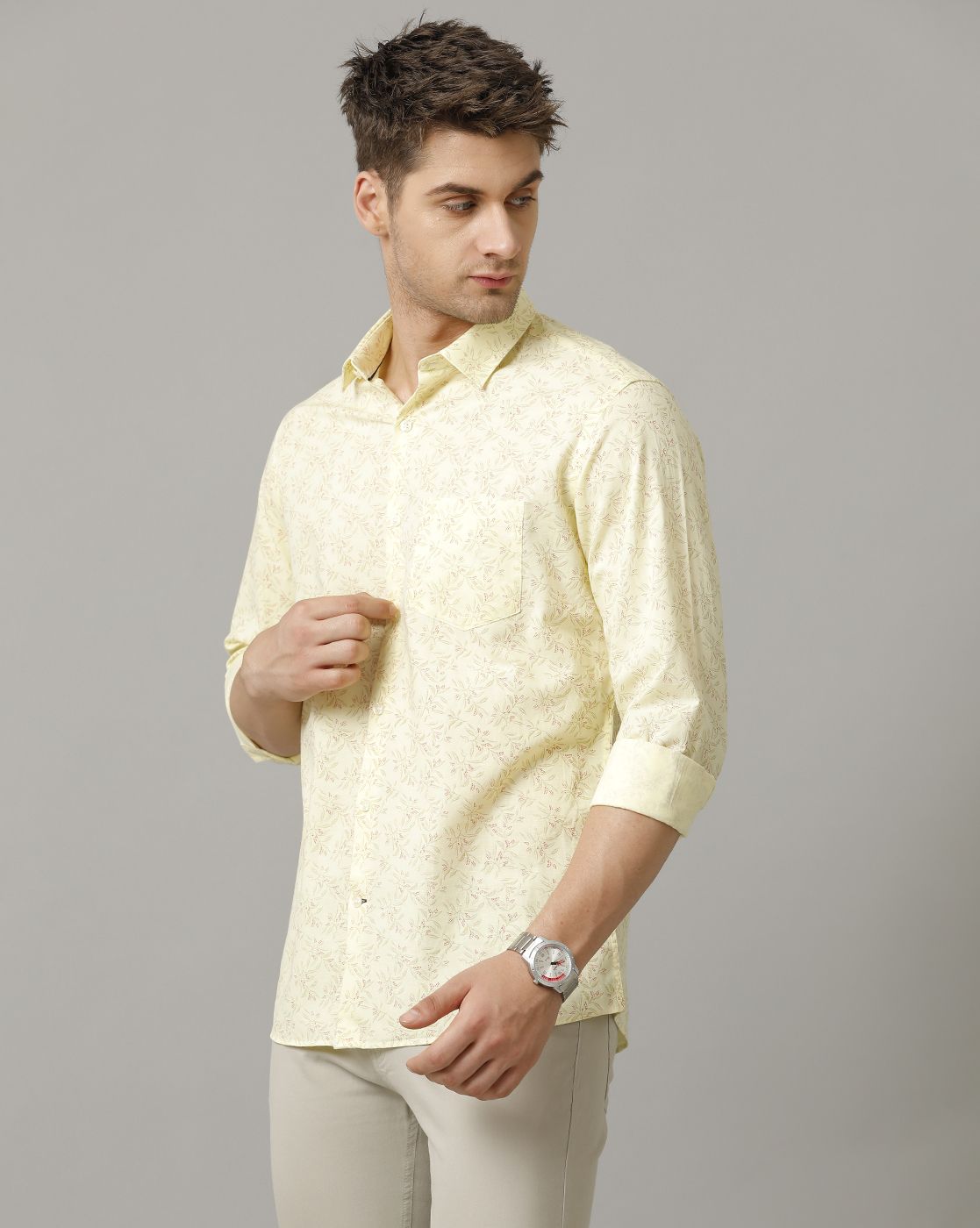Men's Blended Linen Yellow Printed Contemporary Fit Full Sleeve Sleeve Casual Shirt