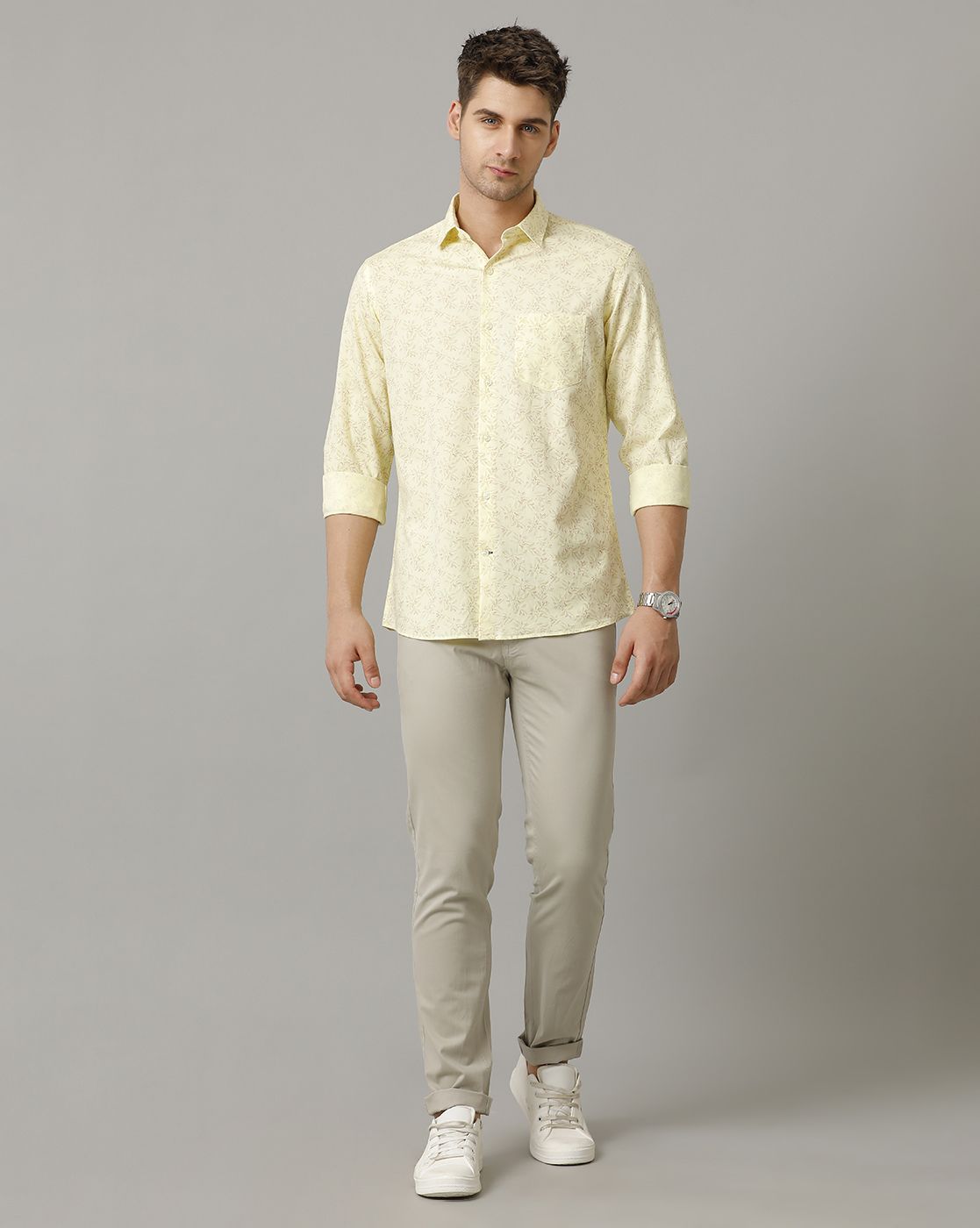 Men's Blended Linen Yellow Printed Contemporary Fit Full Sleeve Sleeve Casual Shirt