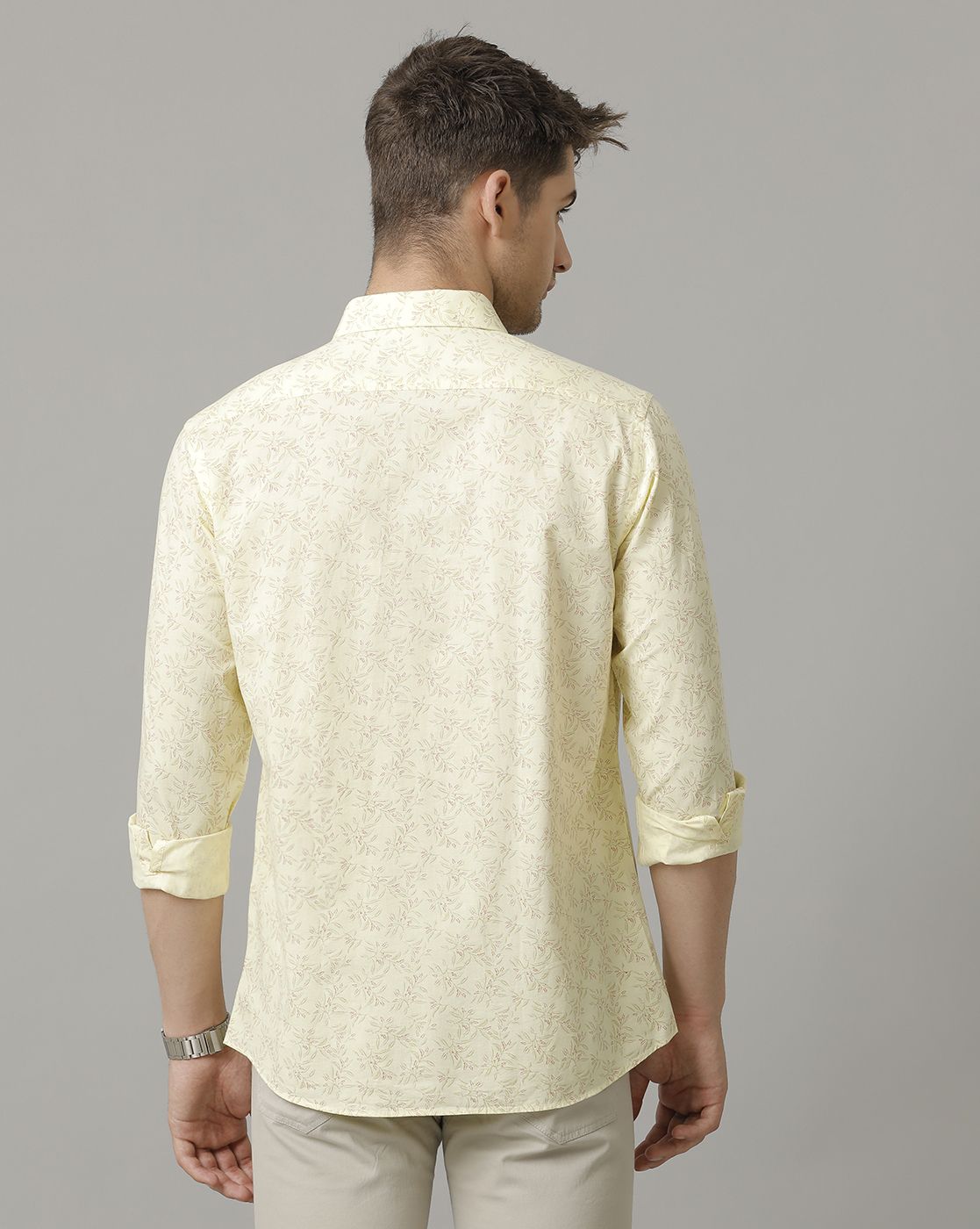 Men's Blended Linen Yellow Printed Contemporary Fit Full Sleeve Sleeve Casual Shirt