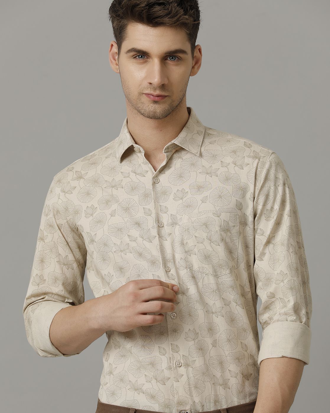 Men's Blended Linen Natural Printed Contemporary Fit Full Sleeve Sleeve Casual Shirt