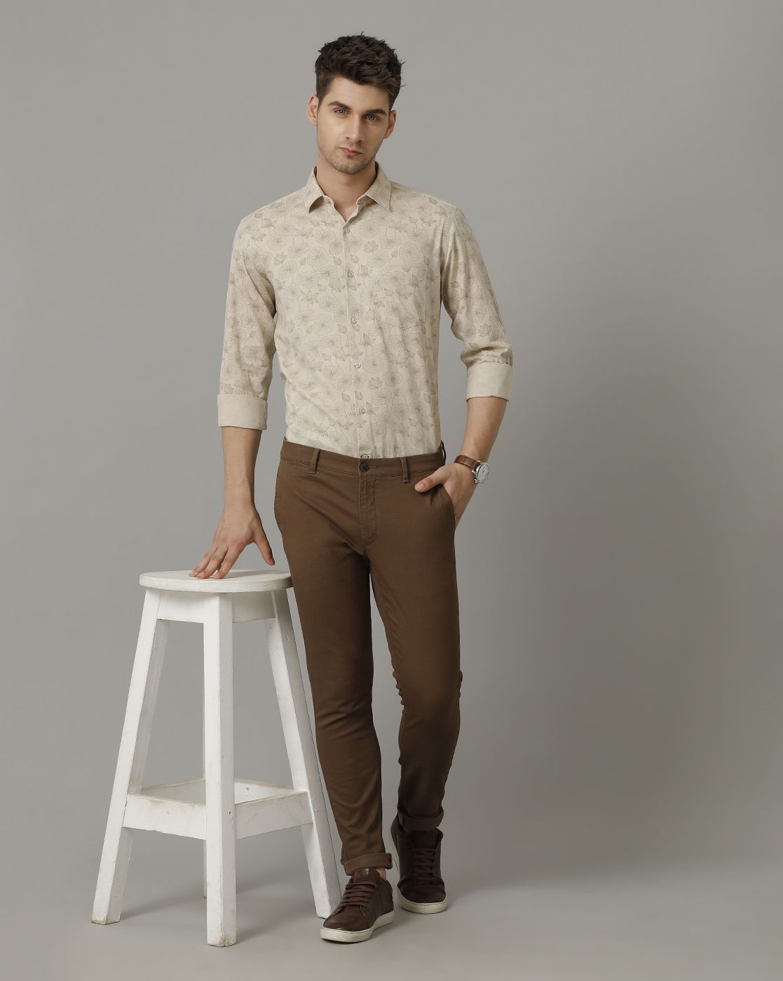 Men's Blended Linen Natural Printed Contemporary Fit Full Sleeve Sleeve Casual Shirt
