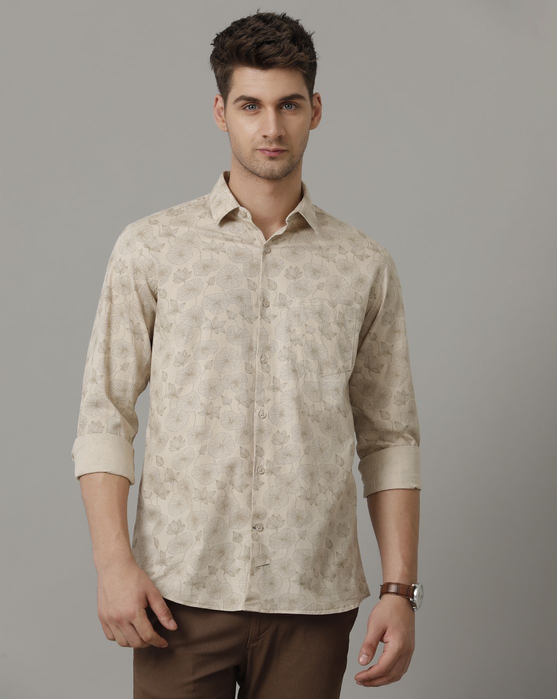 Men's Blended Linen Natural Printed Contemporary Fit Full Sleeve Sleeve Casual Shirt