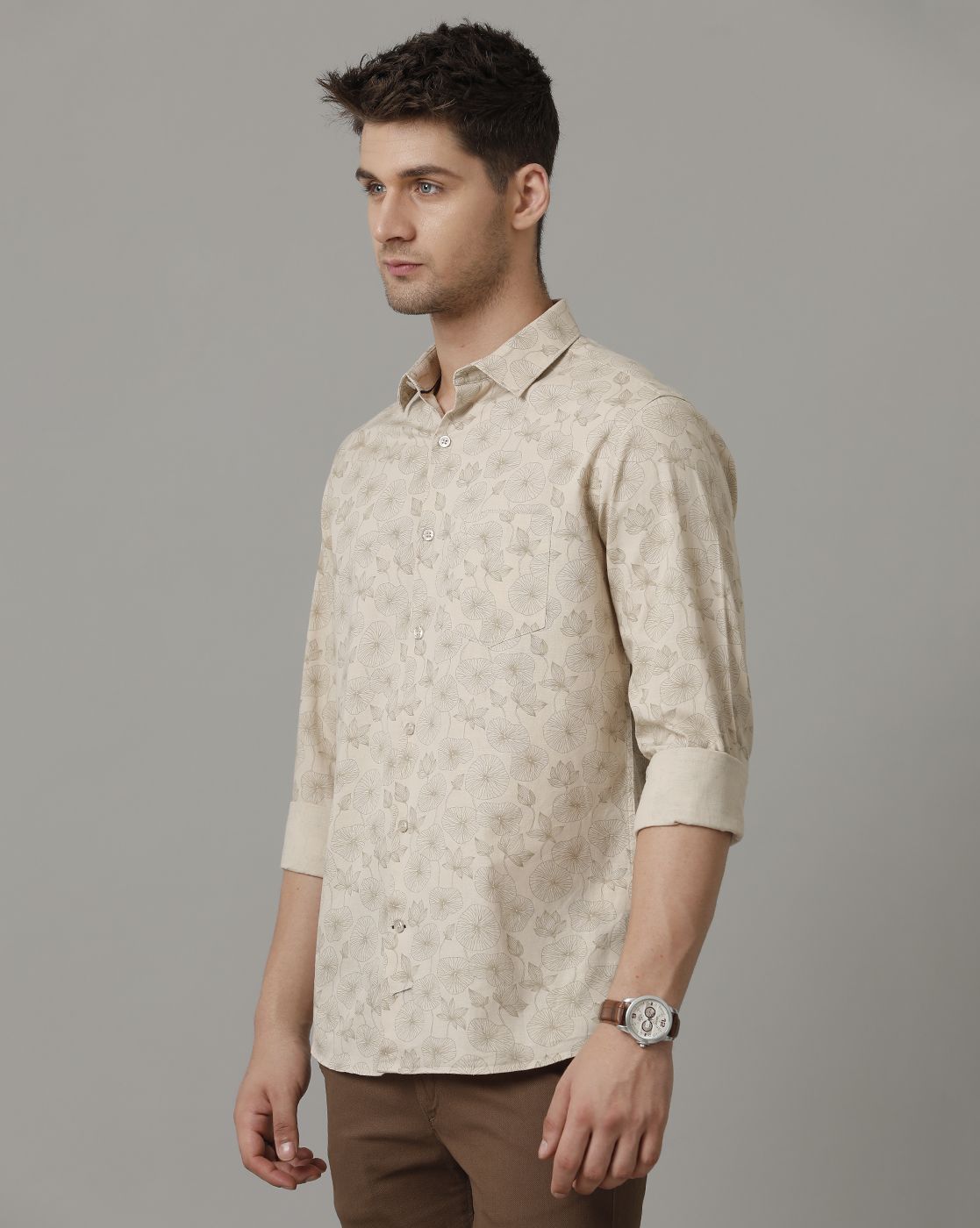 Men's Blended Linen Natural Printed Contemporary Fit Full Sleeve Sleeve Casual Shirt