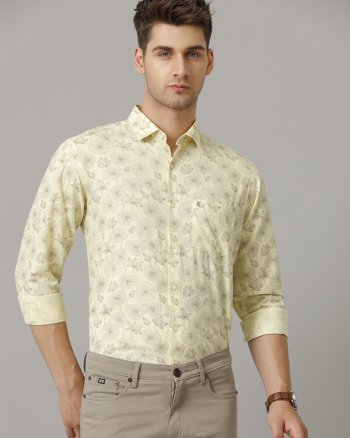 Men's Blended Linen Yellow Printed Contemporary Fit Full Sleeve Sleeve Casual Shirt