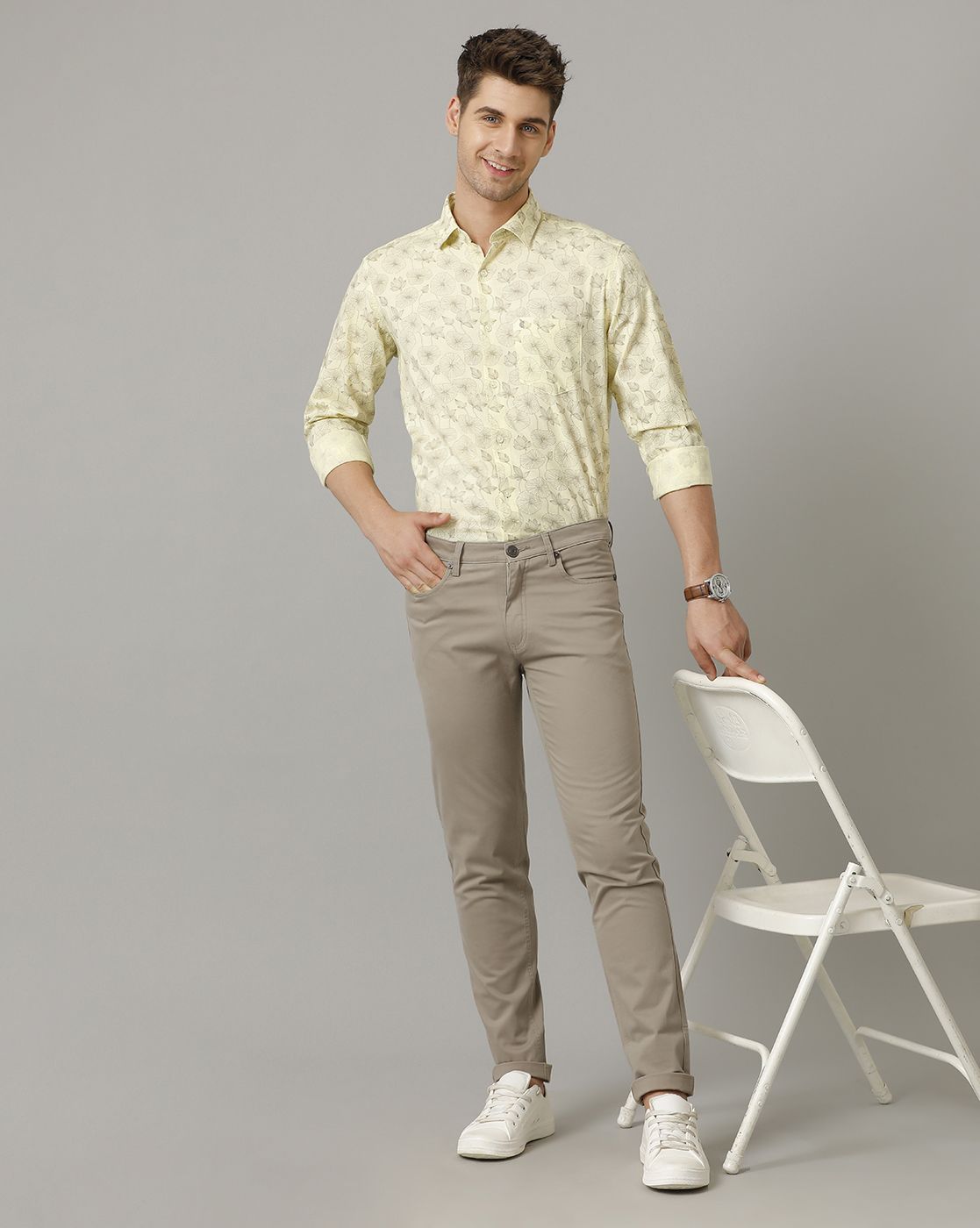 Men's Blended Linen Yellow Printed Contemporary Fit Full Sleeve Sleeve Casual Shirt
