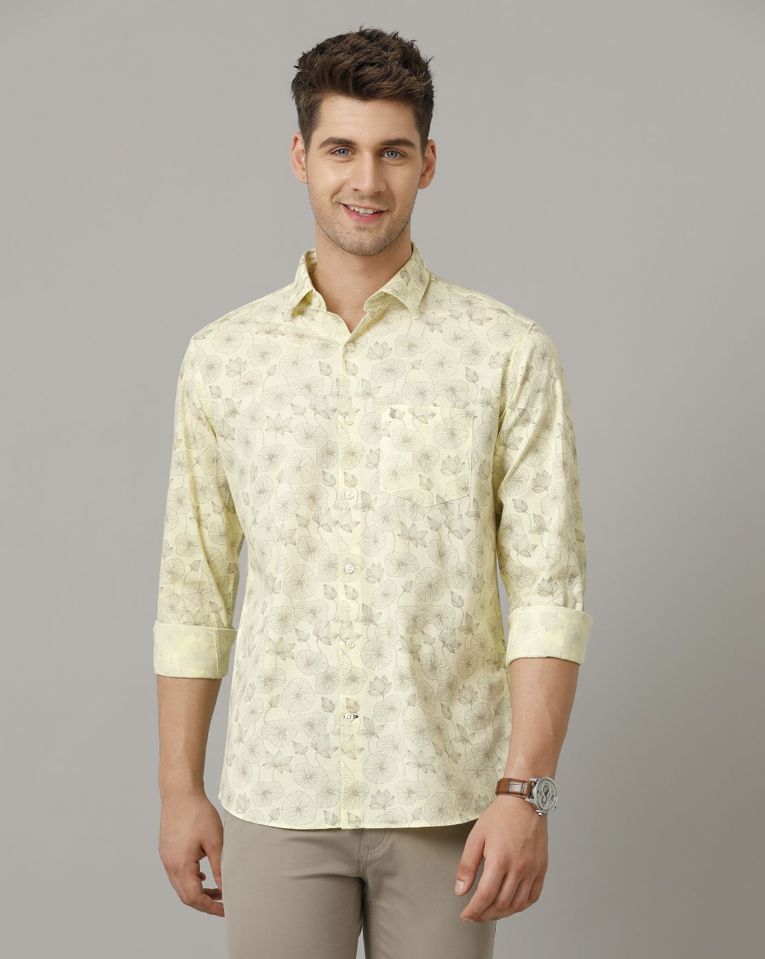 Men's Blended Linen Yellow Printed Contemporary Fit Full Sleeve Sleeve Casual Shirt