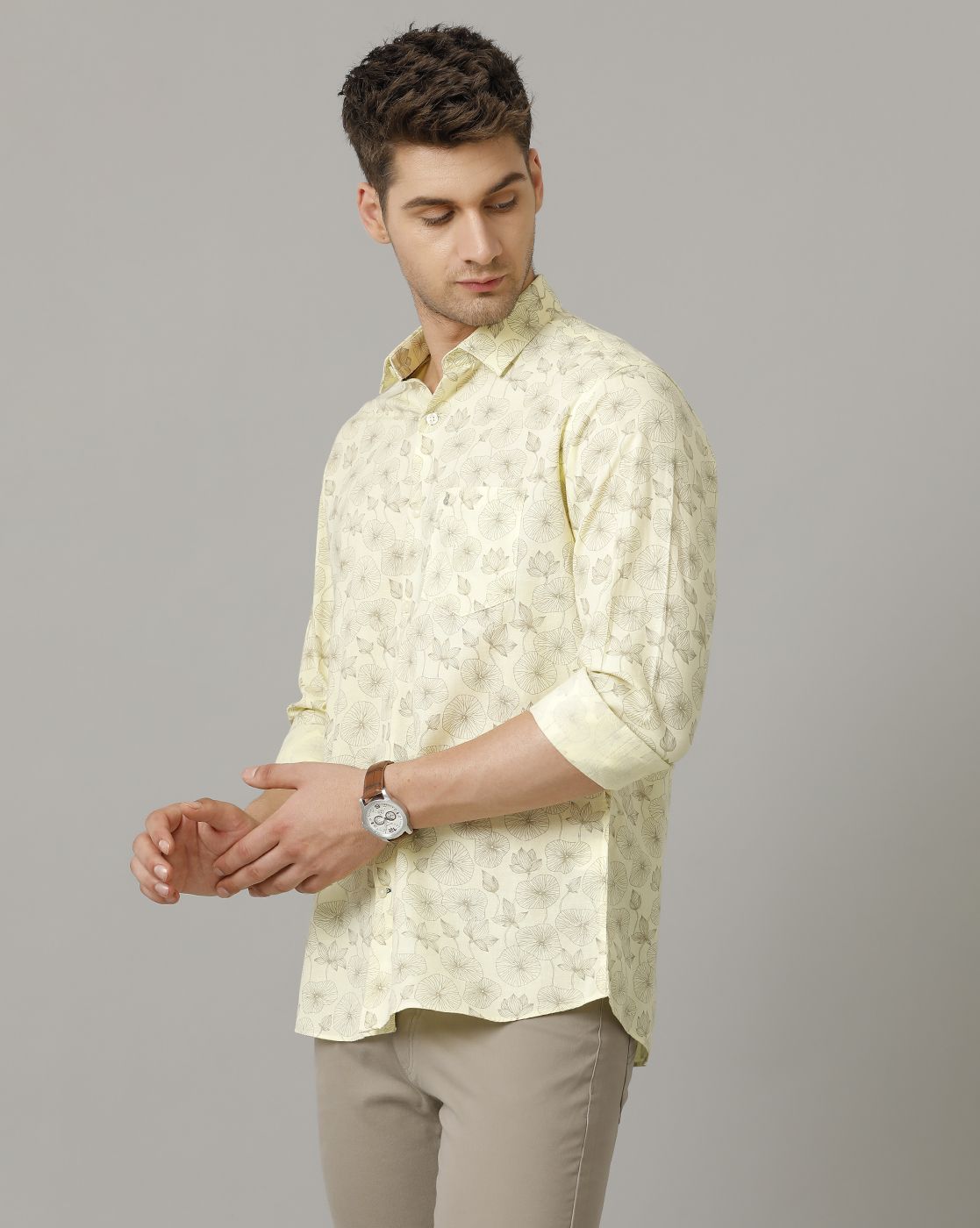 Men's Blended Linen Yellow Printed Contemporary Fit Full Sleeve Sleeve Casual Shirt