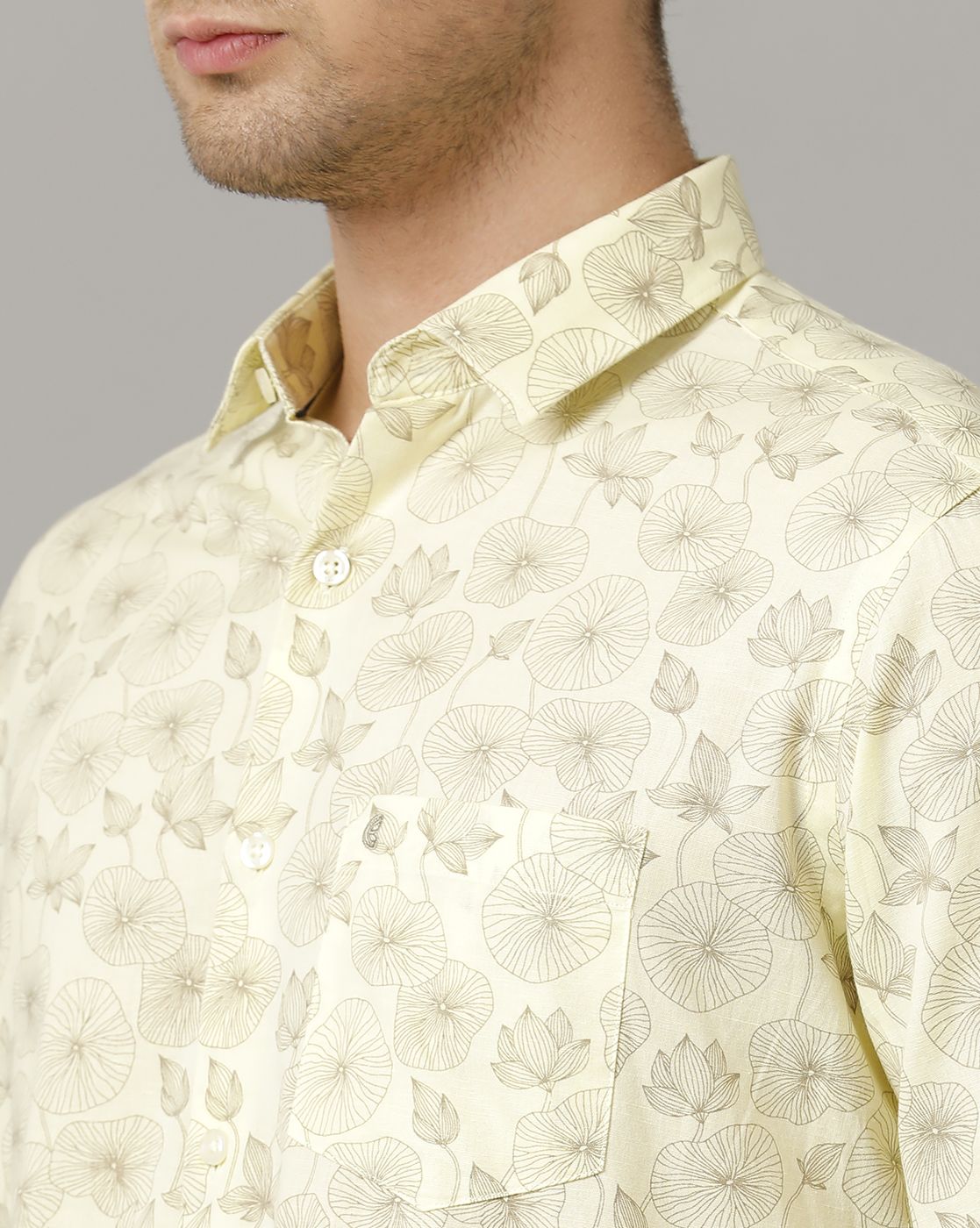 Men's Blended Linen Yellow Printed Contemporary Fit Full Sleeve Sleeve Casual Shirt