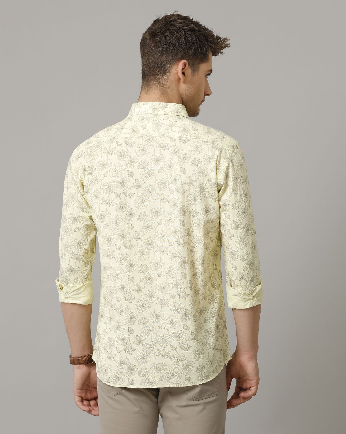 Men's Blended Linen Yellow Printed Contemporary Fit Full Sleeve Sleeve Casual Shirt
