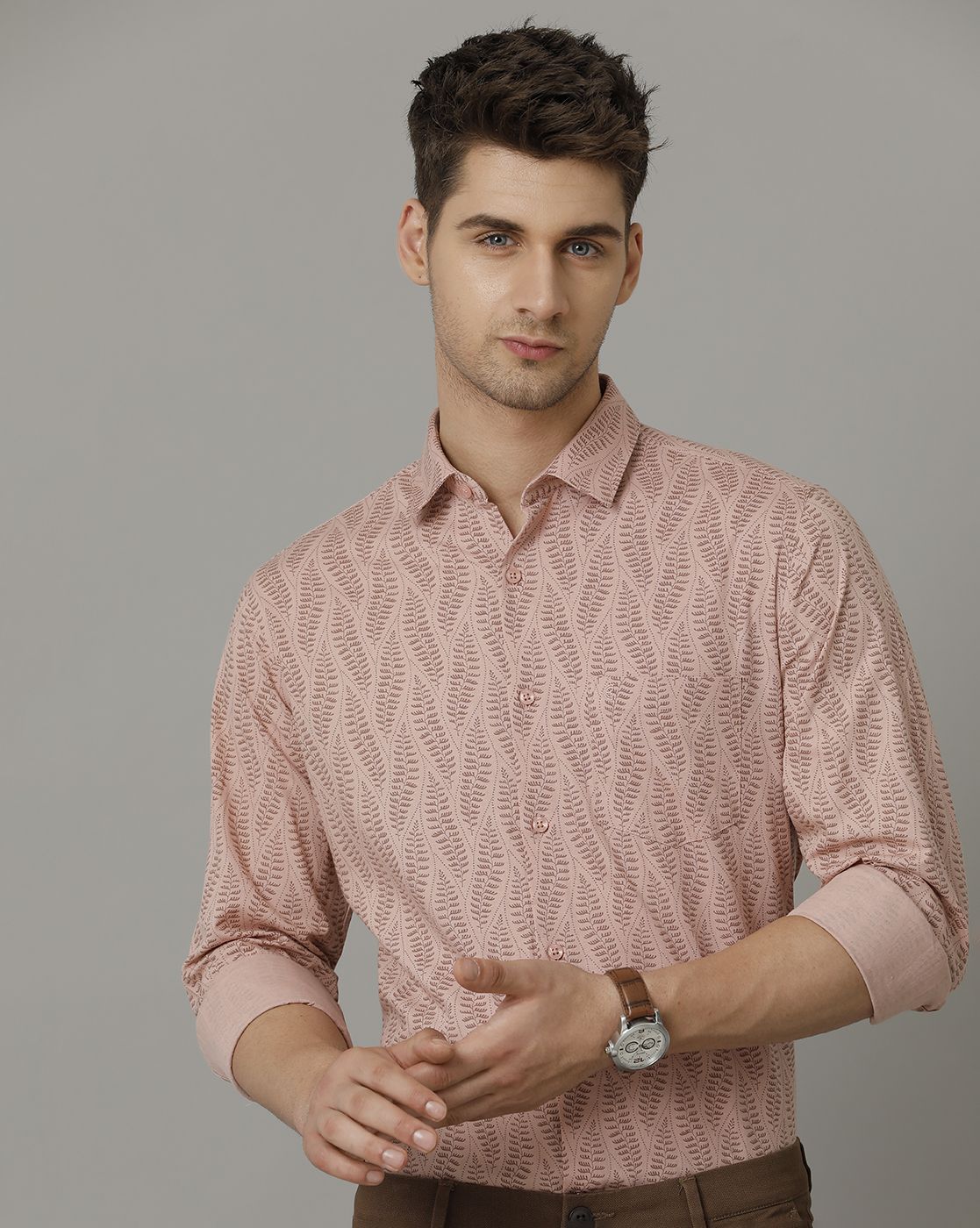 Men's Blended Linen Peach Printed Contemporary Fit Full Sleeve Sleeve Casual Shirt
