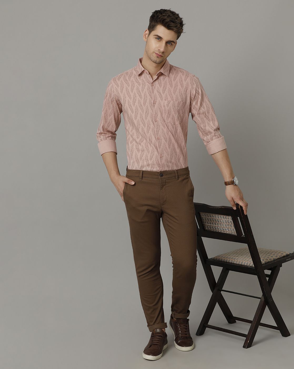 Men's Blended Linen Peach Printed Contemporary Fit Full Sleeve Sleeve Casual Shirt