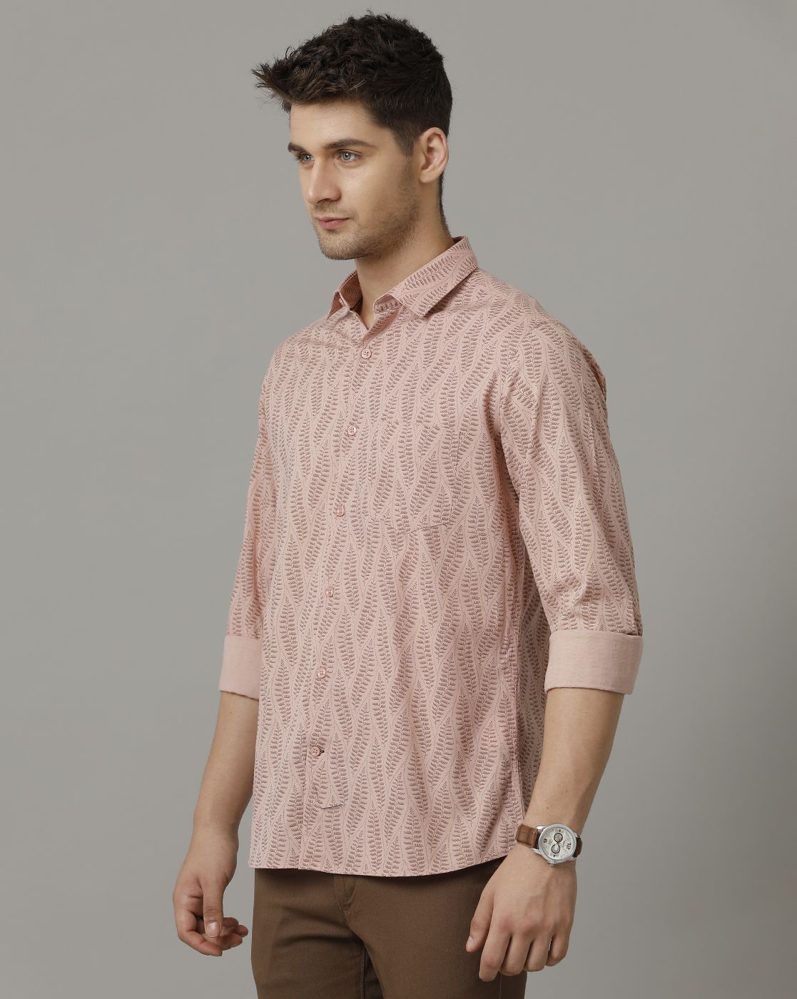 Men's Blended Linen Peach Printed Contemporary Fit Full Sleeve Sleeve Casual Shirt