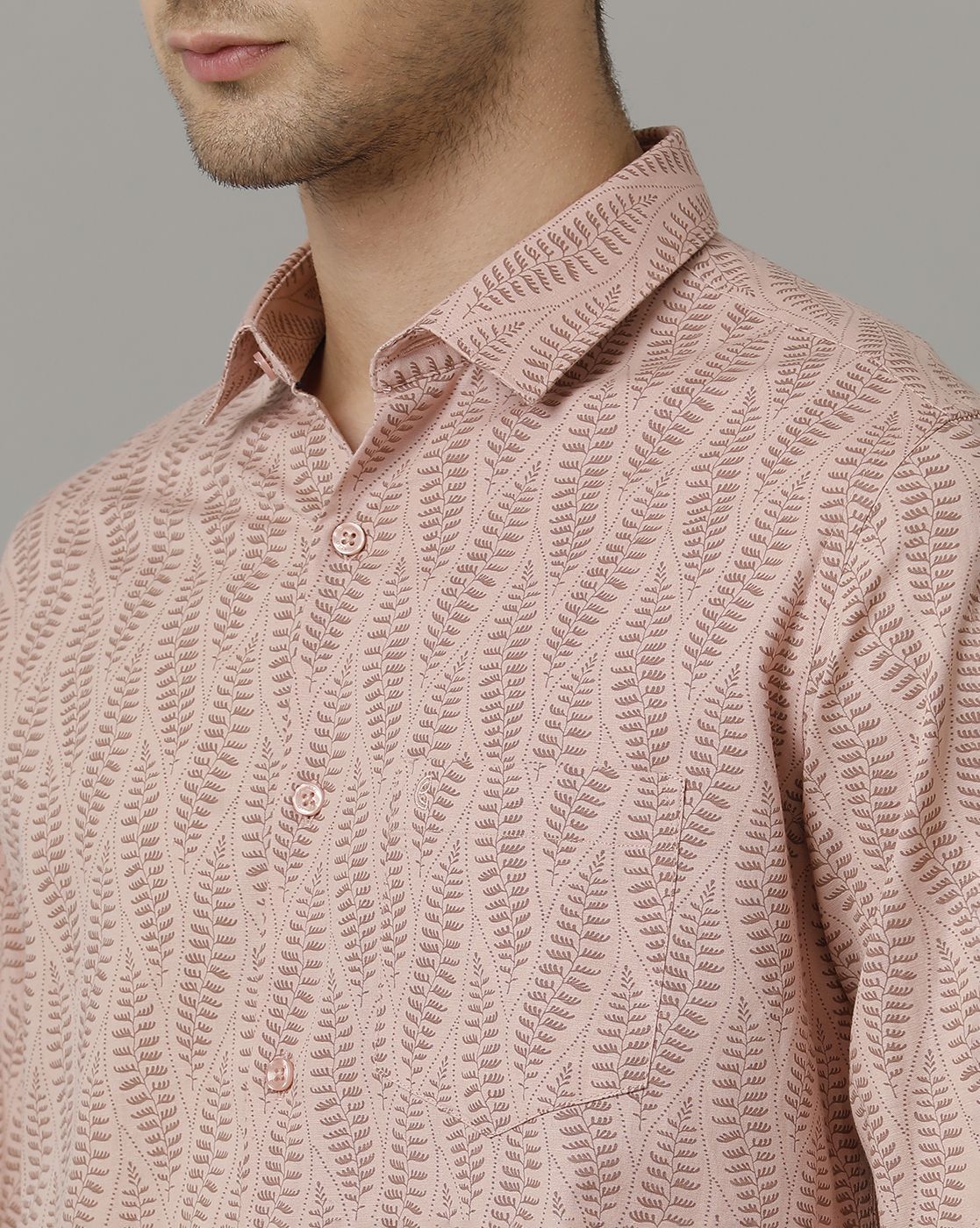 Men's Blended Linen Peach Printed Contemporary Fit Full Sleeve Sleeve Casual Shirt