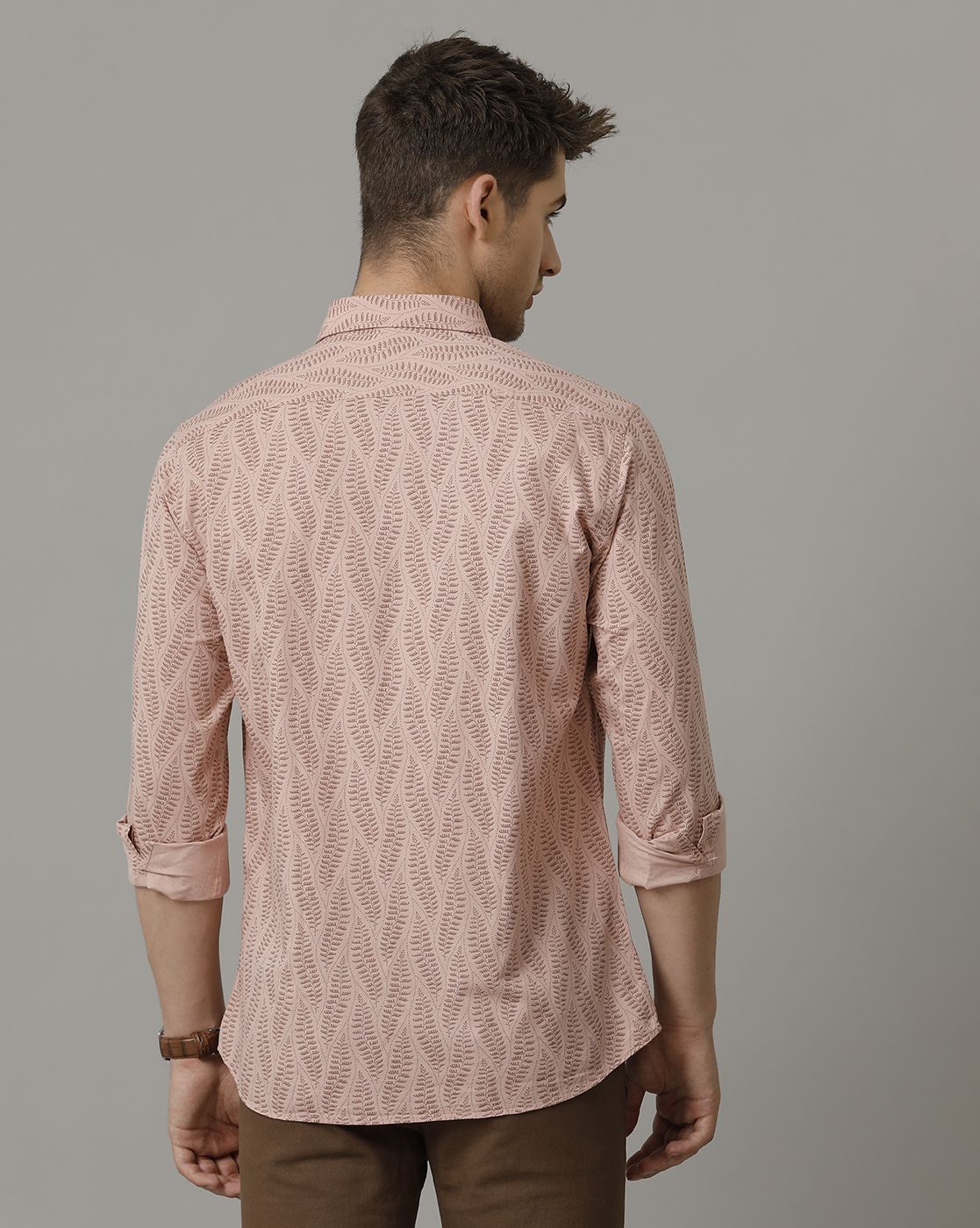 Men's Blended Linen Peach Printed Contemporary Fit Full Sleeve Sleeve Casual Shirt