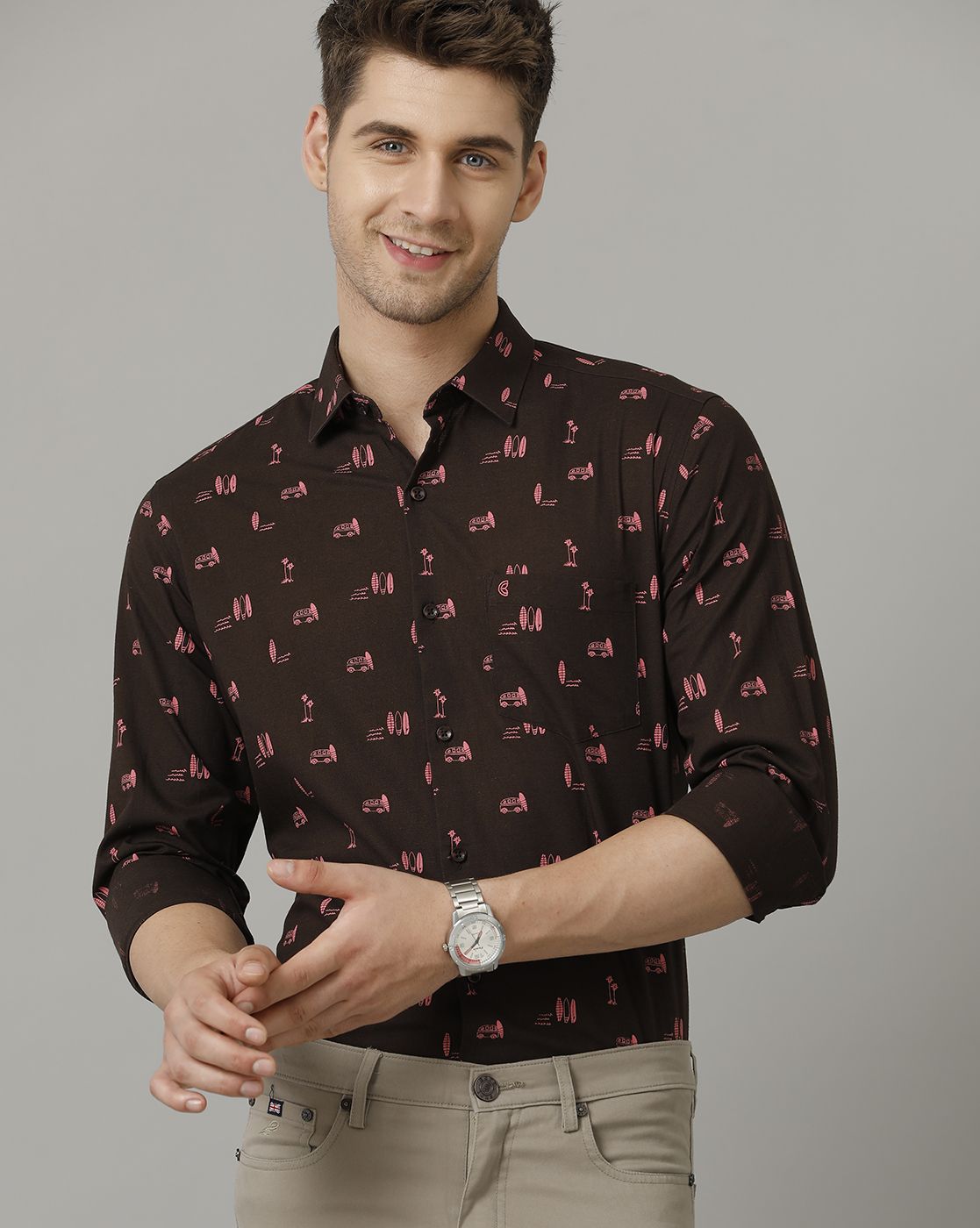 Men's Blended Linen Brown Printed Contemporary Fit Full Sleeve Sleeve Casual Shirt