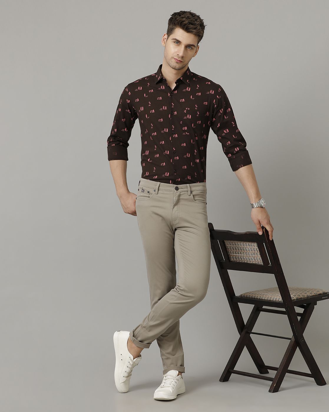 Men's Blended Linen Brown Printed Contemporary Fit Full Sleeve Sleeve Casual Shirt