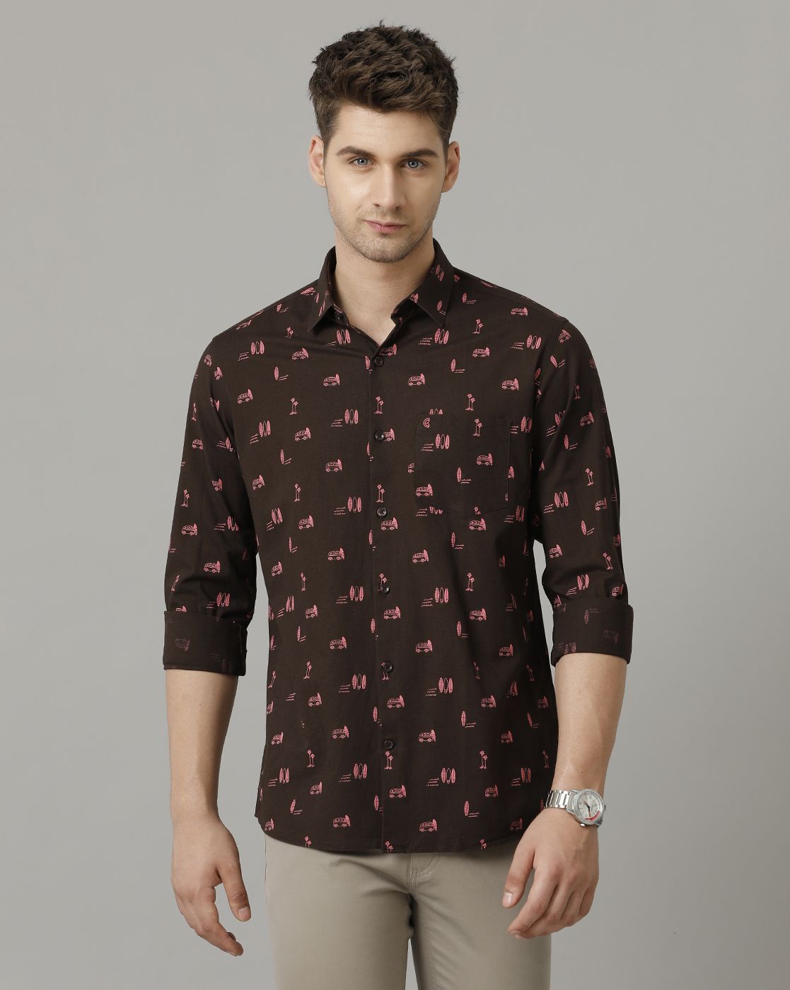 Men's Blended Linen Brown Printed Contemporary Fit Full Sleeve Sleeve Casual Shirt