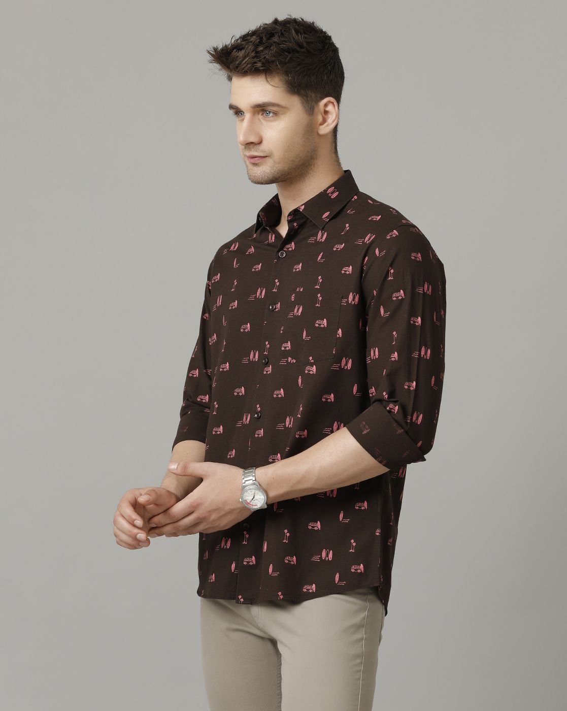 Men's Blended Linen Brown Printed Contemporary Fit Full Sleeve Sleeve Casual Shirt