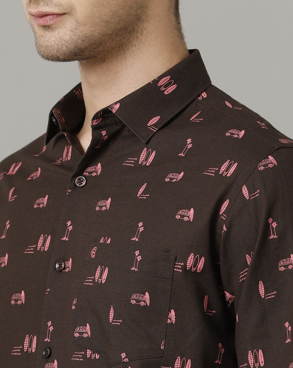 Men's Blended Linen Brown Printed Contemporary Fit Full Sleeve Sleeve Casual Shirt