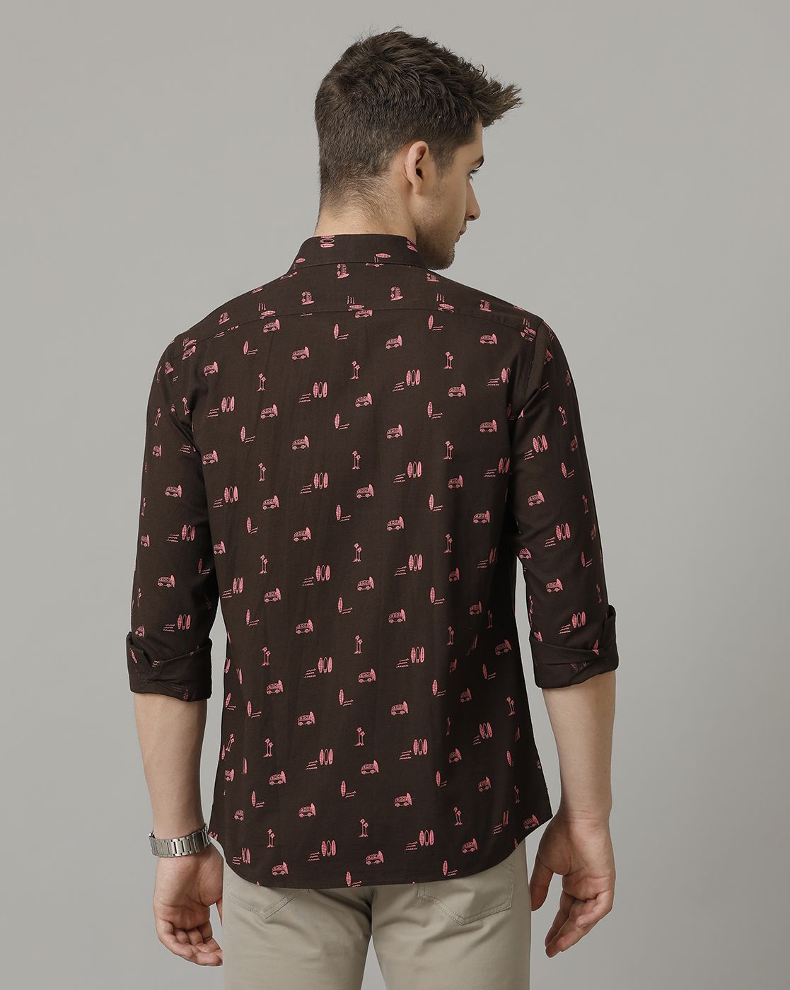 Men's Blended Linen Brown Printed Contemporary Fit Full Sleeve Sleeve Casual Shirt