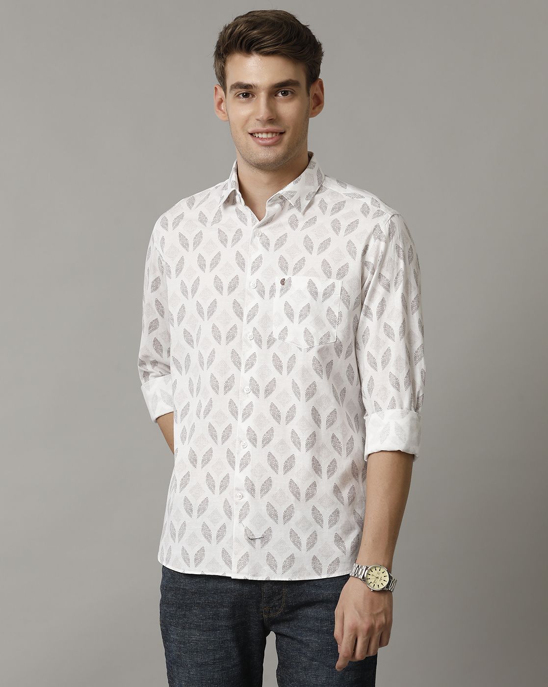 Men's Blended Linen Brown Printed Contemporary Fit Full Sleeve Sleeve Casual Shirt