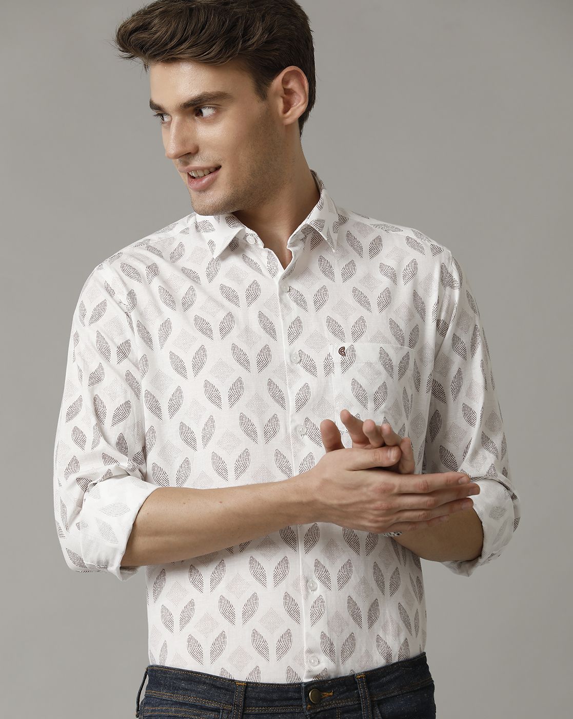 Men's Blended Linen Brown Printed Contemporary Fit Full Sleeve Sleeve Casual Shirt