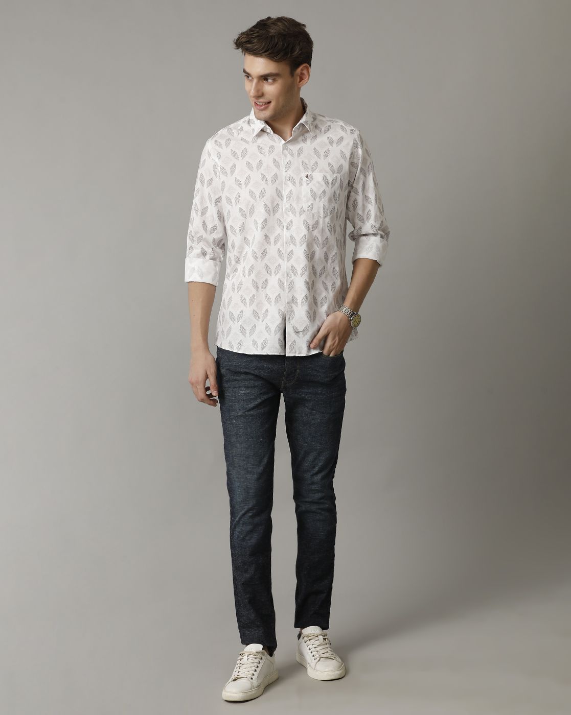 Men's Blended Linen Brown Printed Contemporary Fit Full Sleeve Sleeve Casual Shirt