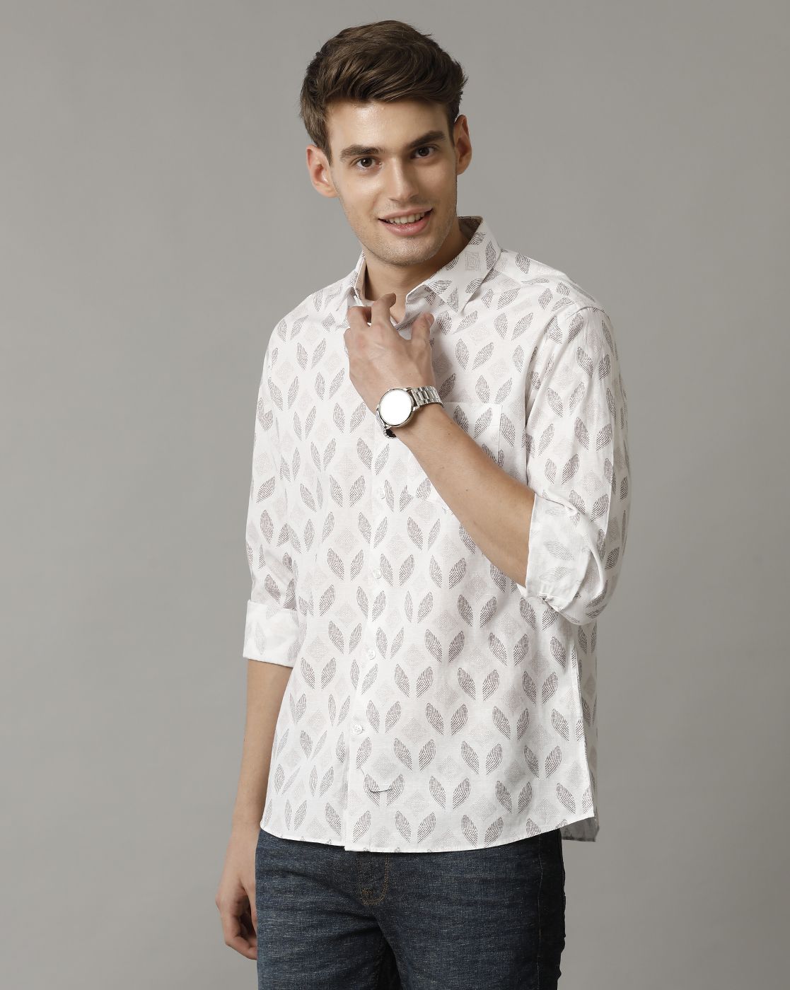 Men's Blended Linen Brown Printed Contemporary Fit Full Sleeve Sleeve Casual Shirt