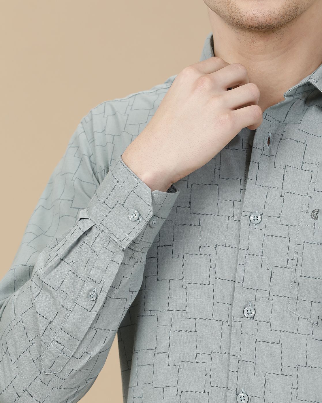 CAVALLO by Linen Club Men's Blended Linen Green Printed Contemporary Fit Full Sleeve Casual Shirt