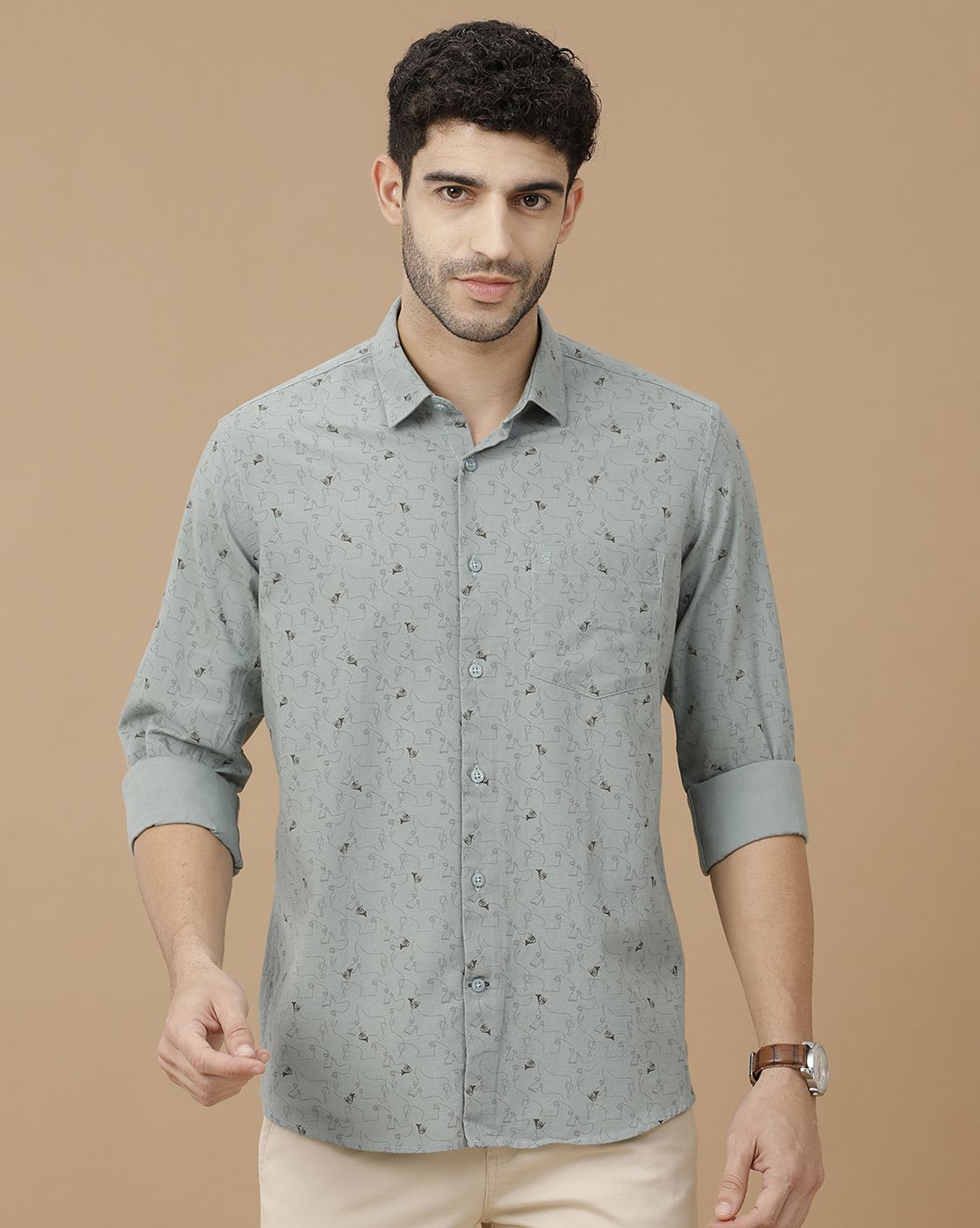 Men's Blended Linen Green Printed Contemporary Fit Full Sleeve Casual Shirt