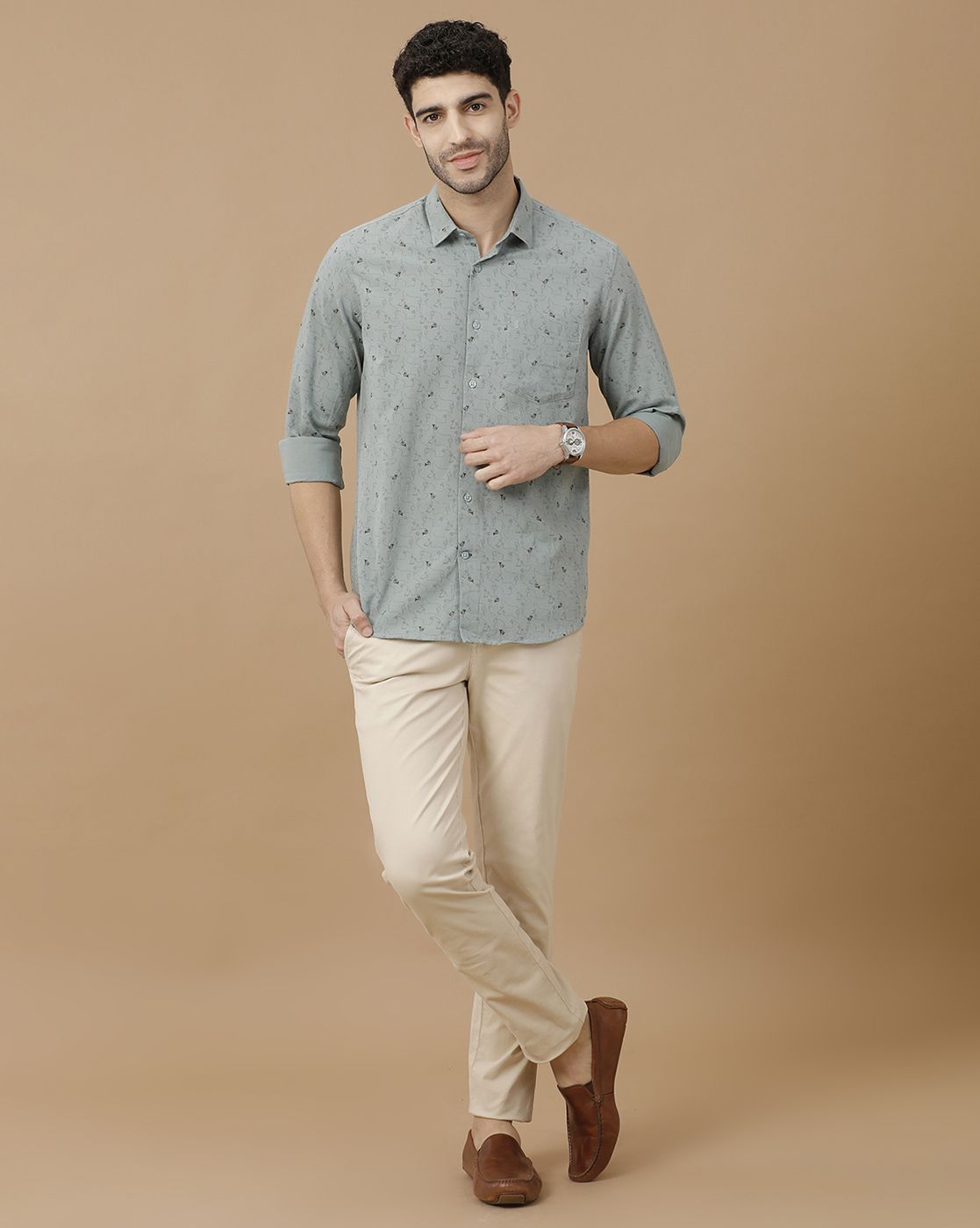 Men's Blended Linen Green Printed Contemporary Fit Full Sleeve Casual Shirt