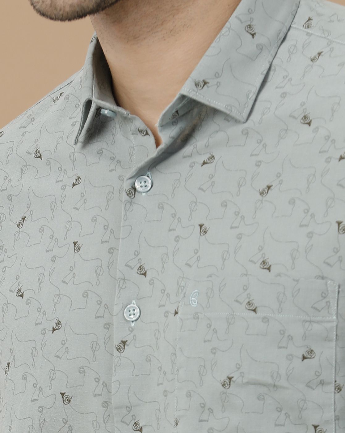 Men's Blended Linen Green Printed Contemporary Fit Full Sleeve Casual Shirt