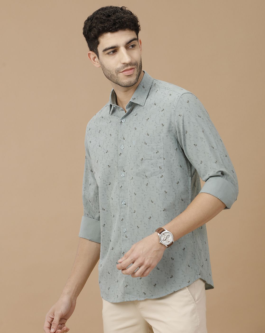 Men's Blended Linen Green Printed Contemporary Fit Full Sleeve Casual Shirt