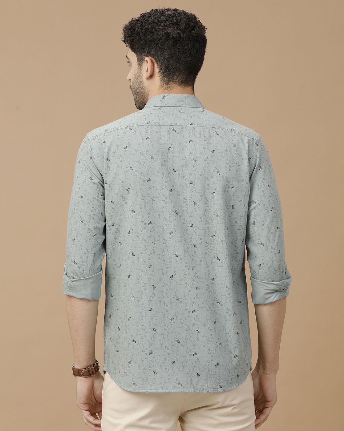 Men's Blended Linen Green Printed Contemporary Fit Full Sleeve Casual Shirt