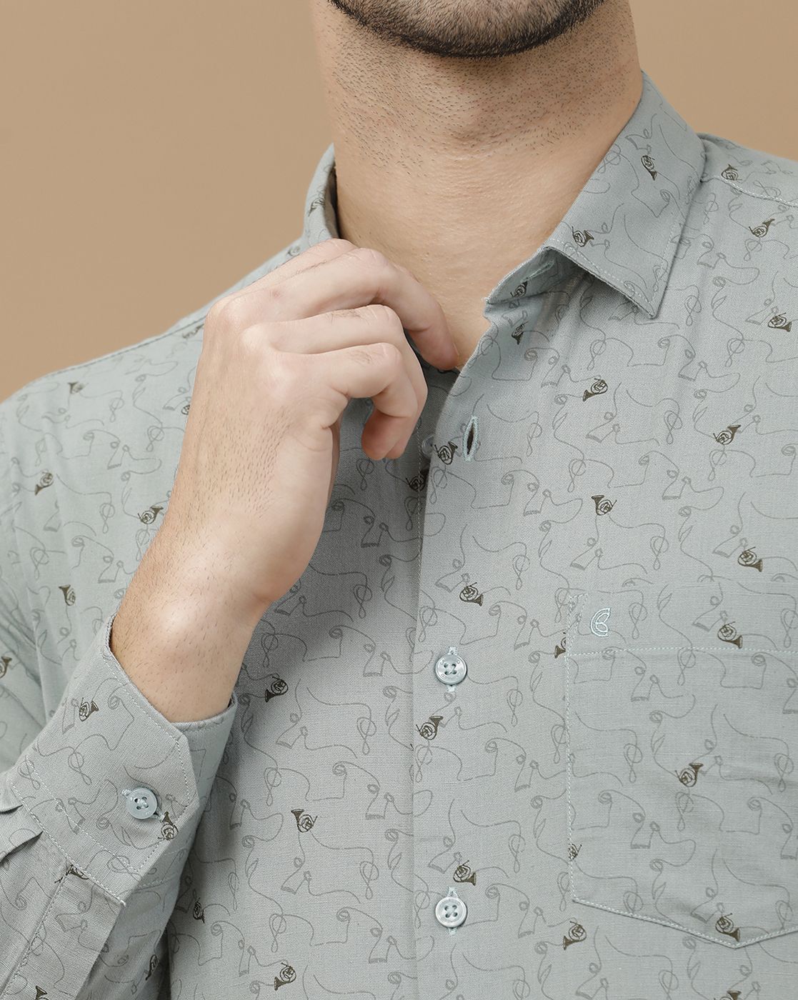 Men's Blended Linen Green Printed Contemporary Fit Full Sleeve Casual Shirt
