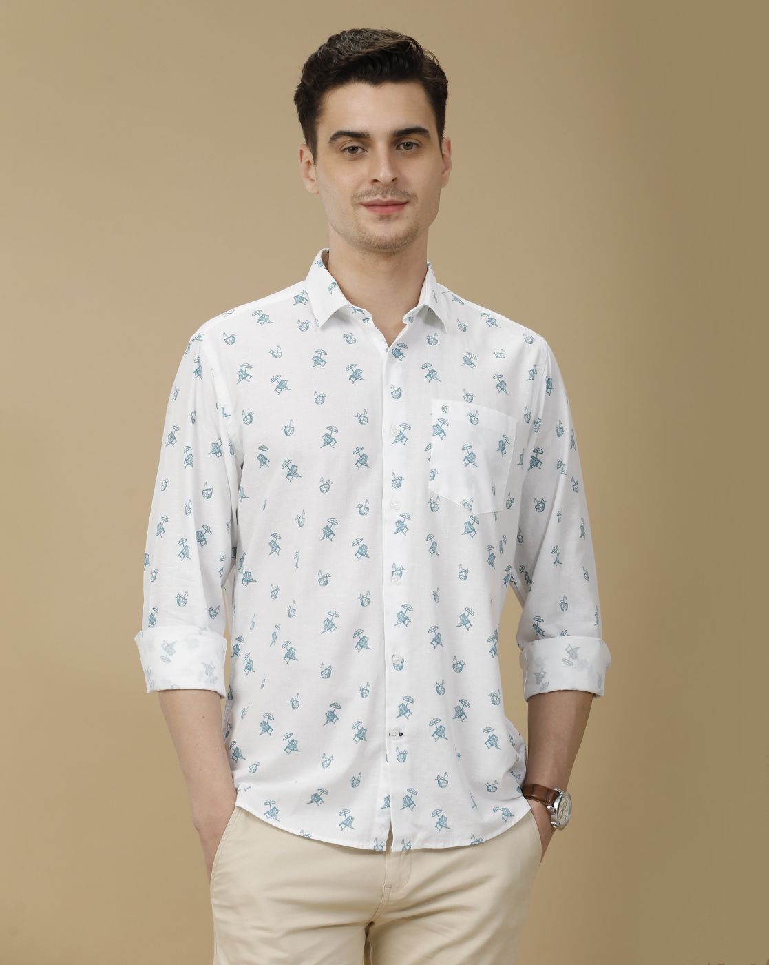 CAVALLO by Linen Club Men's Blended Linen White Printed Contemporary Fit Full Sleeve Casual Shirt