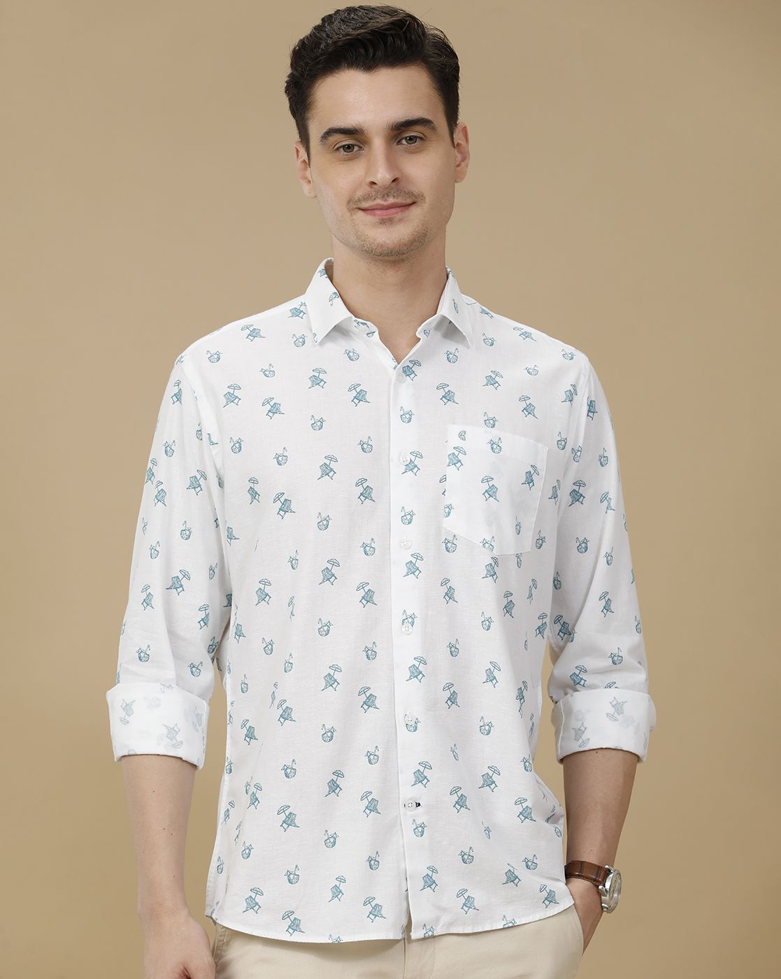 CAVALLO by Linen Club Men's Blended Linen White Printed Contemporary Fit Full Sleeve Casual Shirt