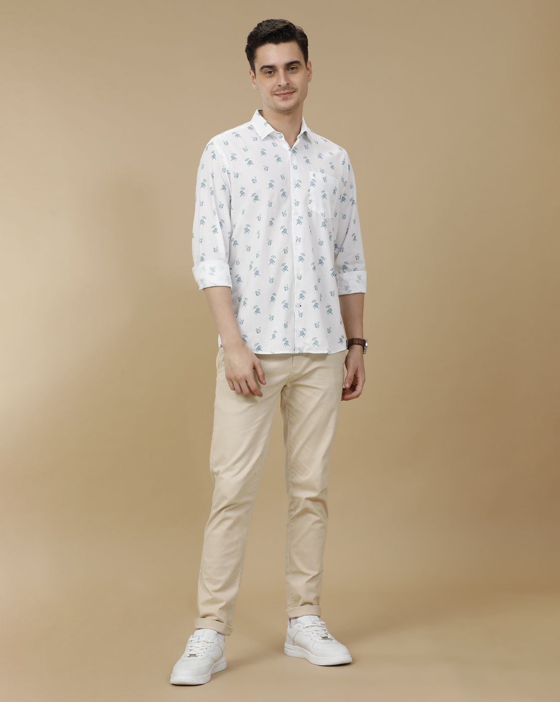 CAVALLO by Linen Club Men's Blended Linen White Printed Contemporary Fit Full Sleeve Casual Shirt