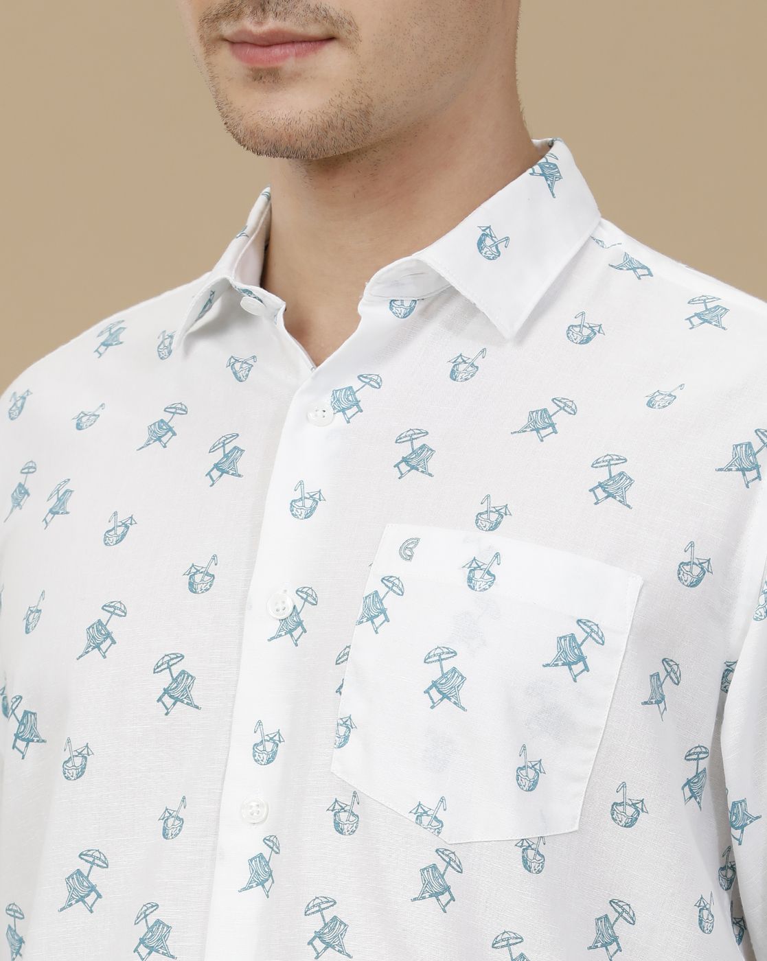 CAVALLO by Linen Club Men's Blended Linen White Printed Contemporary Fit Full Sleeve Casual Shirt