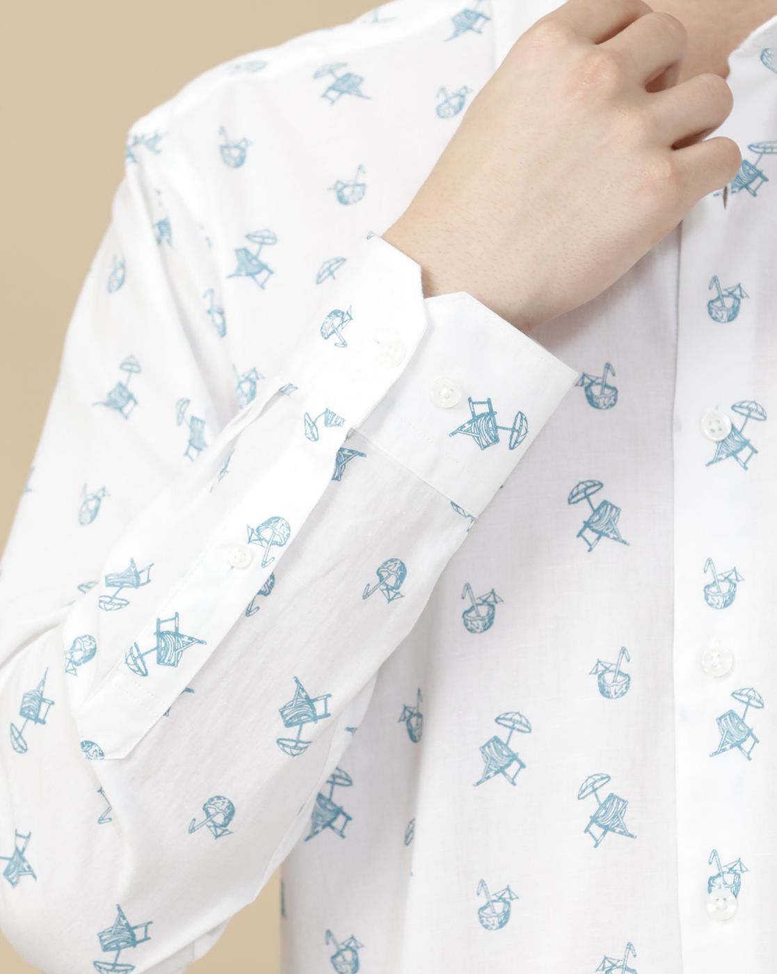 CAVALLO by Linen Club Men's Blended Linen White Printed Contemporary Fit Full Sleeve Casual Shirt
