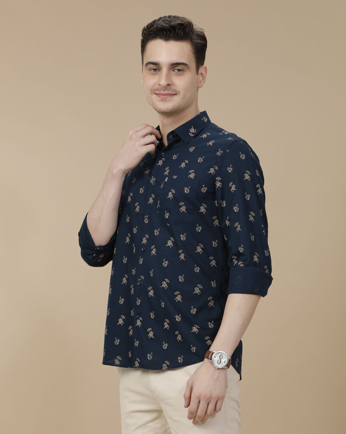 CAVALLO by Linen Club Men's Blended Linen Navy Blue Printed Contemporary Fit Full Sleeve Casual Shirt