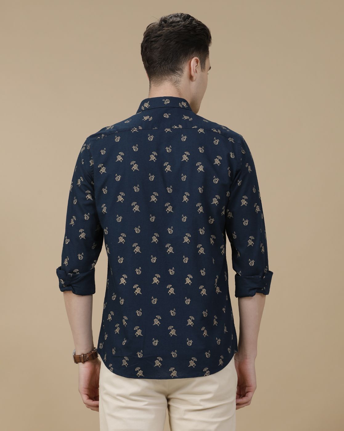 CAVALLO by Linen Club Men's Blended Linen Navy Blue Printed Contemporary Fit Full Sleeve Casual Shirt